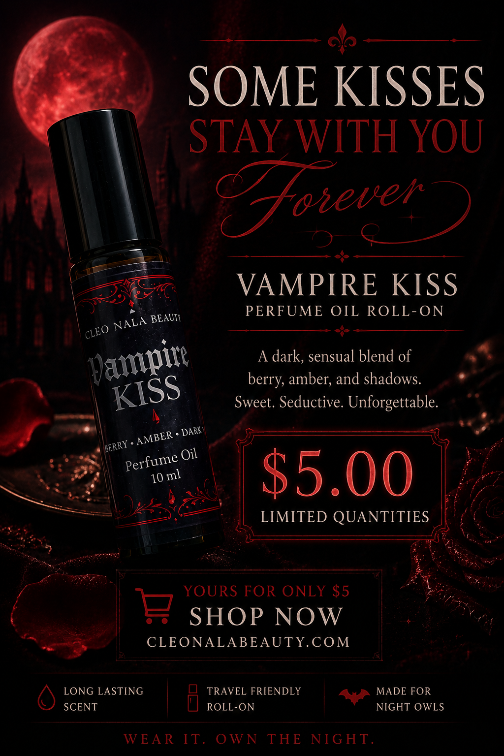 Vampire Kiss Dark Feminine Perfume Oil – Raspberry Amber Musk (10mL)
